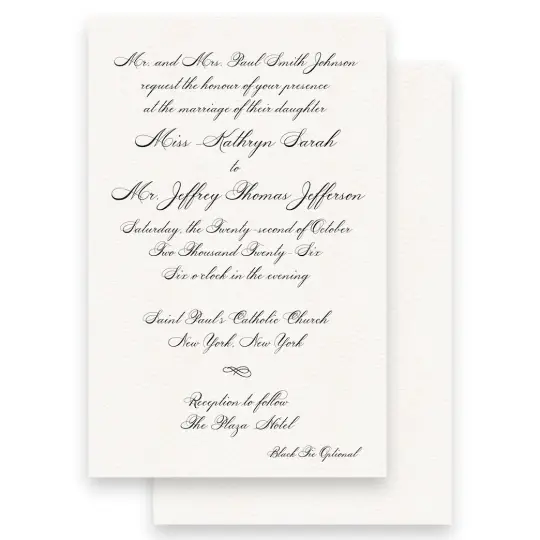 Simple Black Script Diplomatic Font with Attire Included Wedding Invitation