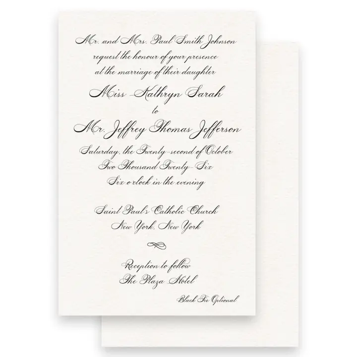 Simple Black Script Diplomatic Font with Attire Included Wedding Invitation