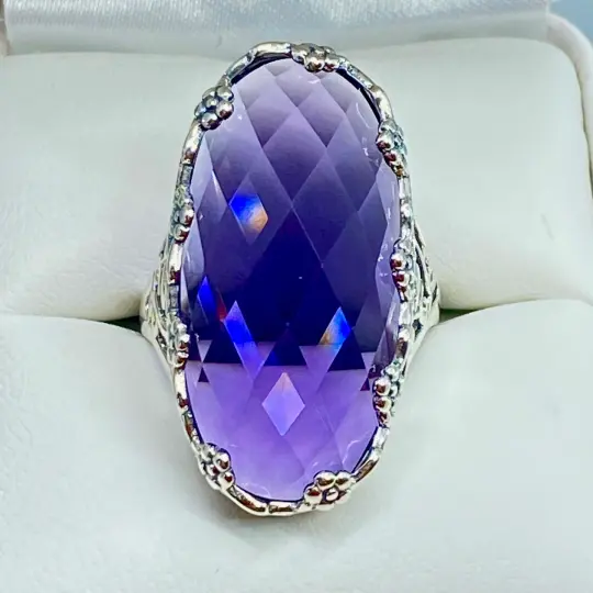 Purple Amethyst Ring, Size 9, Large Oval gem, Vintage Reproduction Jewelry, Rosey Design #D97 - Ready to Ship