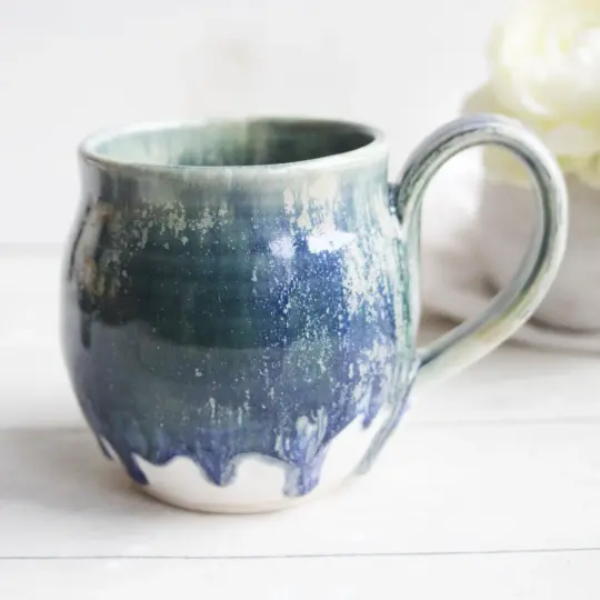 Cosmic Blue Green and White Stoneware Mug, 15 Oz. Rustic Coffee Cup, Ready to Ship Made in USA