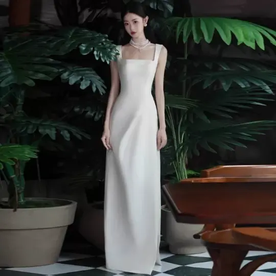 Satin Minimalist Corset Prom Gown ,  Elegant White Maxi Evening Dress Ball Gown RS1830