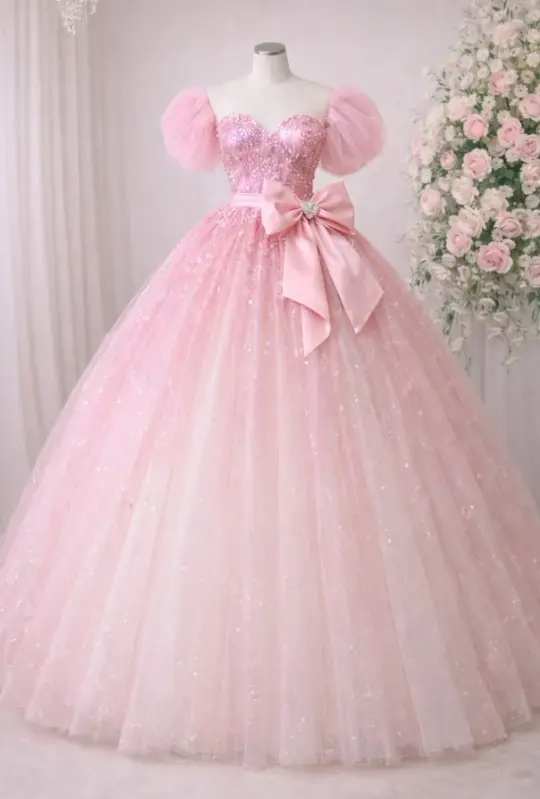Puffy Princess Glitter Corset Prom Gown , Pink Women's Maxi Evening Dress Birthday Dress RS2402