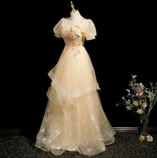 Gorgeous Pastel Yellow Prom Gown , Glitter Sequins Corset Maxi Evening Dress RS1717