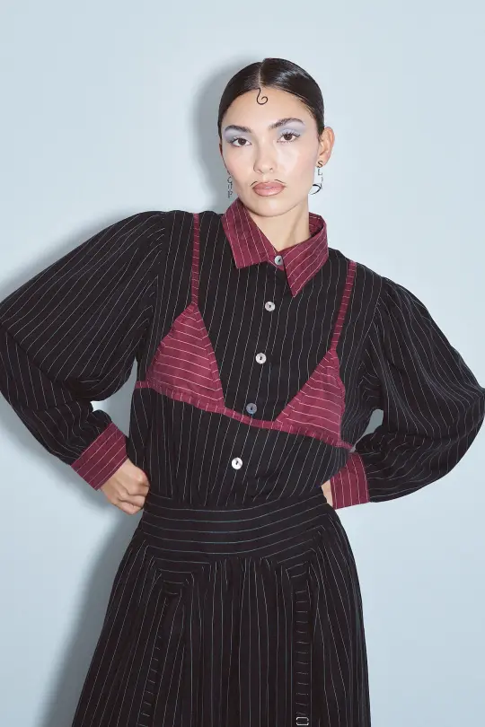 1 left - Tencel Stripe Bikini Bod Blouse Black/Maroon
