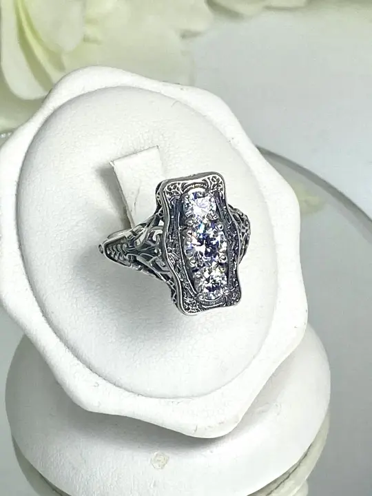 Three Stone White CZ Ring, Size 9, Vintage-style Sterling Silver Filigree Ring D60 - Ready to Ship