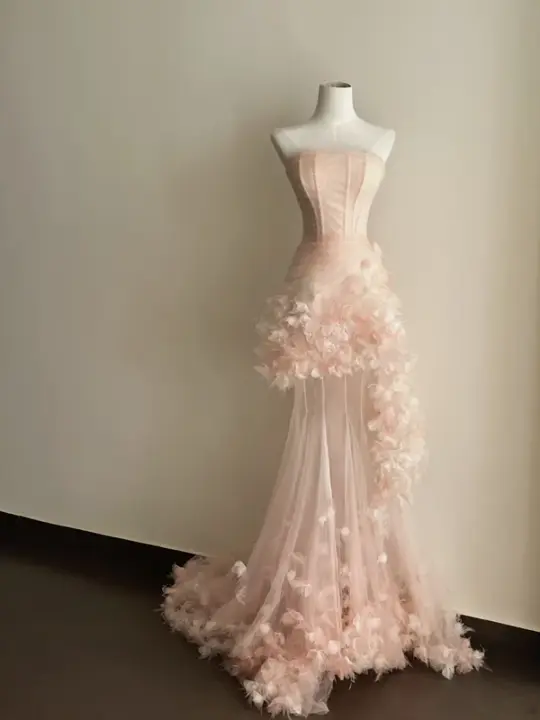 Light pink strapless, waist‑cinched, slim‑fit, ruffled‑hem long prom dress R7964