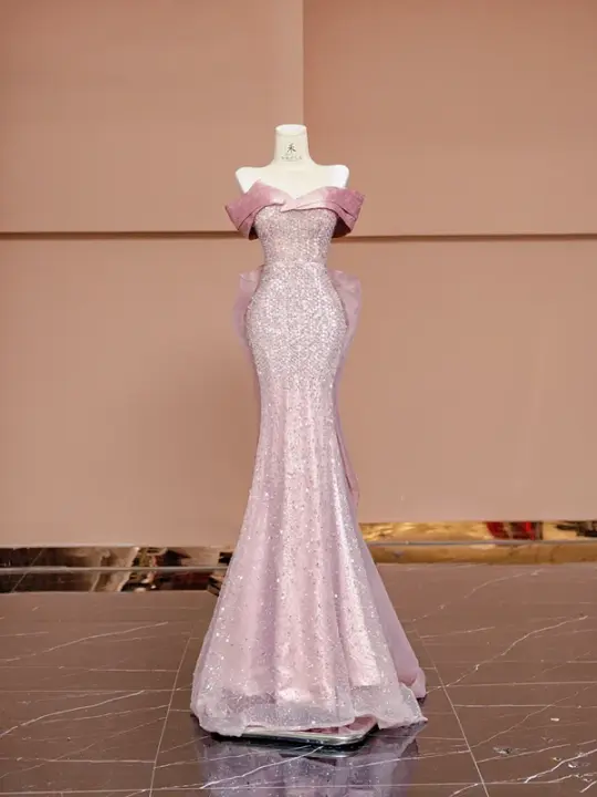Light pink off-shoulder fitted waist bodycon sexy long ball gown R8409