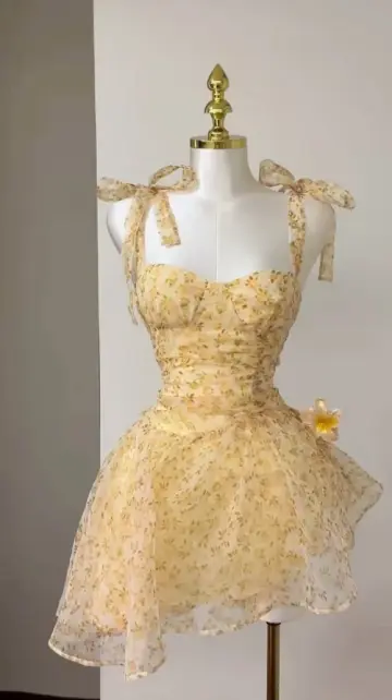 Yellow Floral Homecoming Dress , CottageCore Corset Short Prom Dress Cami Dress RS1381