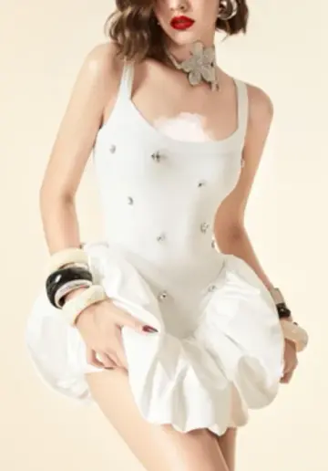 White suspenders, slim waist, flower bud skirt, short skirt, homecoming dress R4466