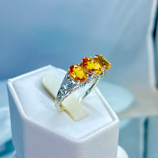 Natural Citrine Ring, size 8, Orange-Cognac Citrine Gems, Trinity (3 Gem) Ring, Art Deco Jewelry #D41 - Ready to Ship