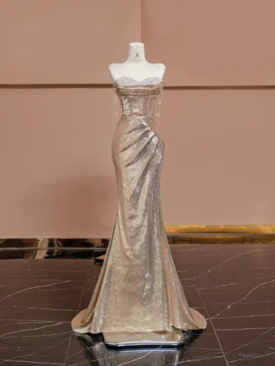 Champagne gold strapless fitted long ball gown, bridal gown R8362