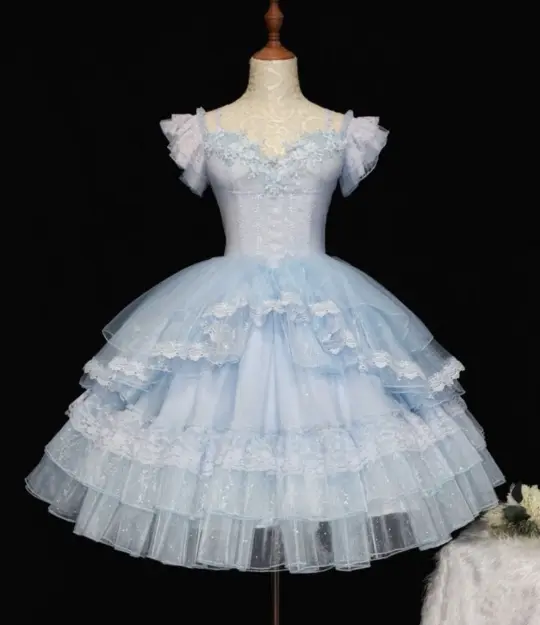 Princess Style Pale Blue A-Line Square Lace Embroidery Tiered Bodycon Mini Birthday Dress Homecoming Dress RS217