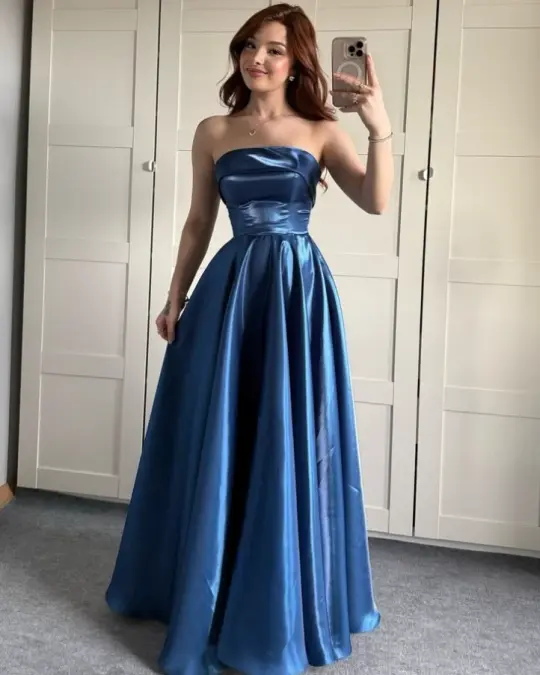 Silky Satin Strapless Corset Prom Gown , Navy Women's Maxi Evening Dress Ball Gown RS2602