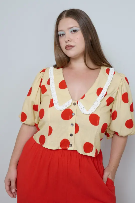 Church Girl Blouse Soft Linen Clown Dot