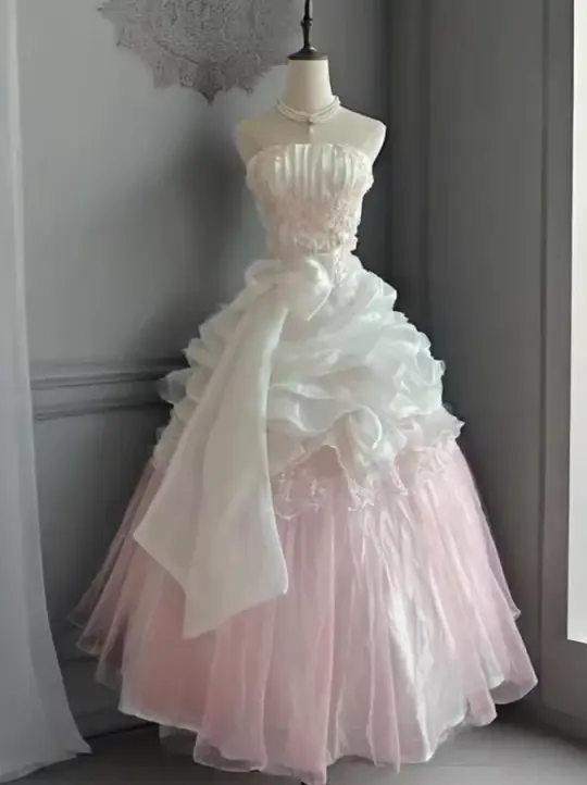 Gentle Blush Pink Prom Gown , Tulle Pleated Corset Maxi Evening Dress Birthday Dress Ball Gown RS1740