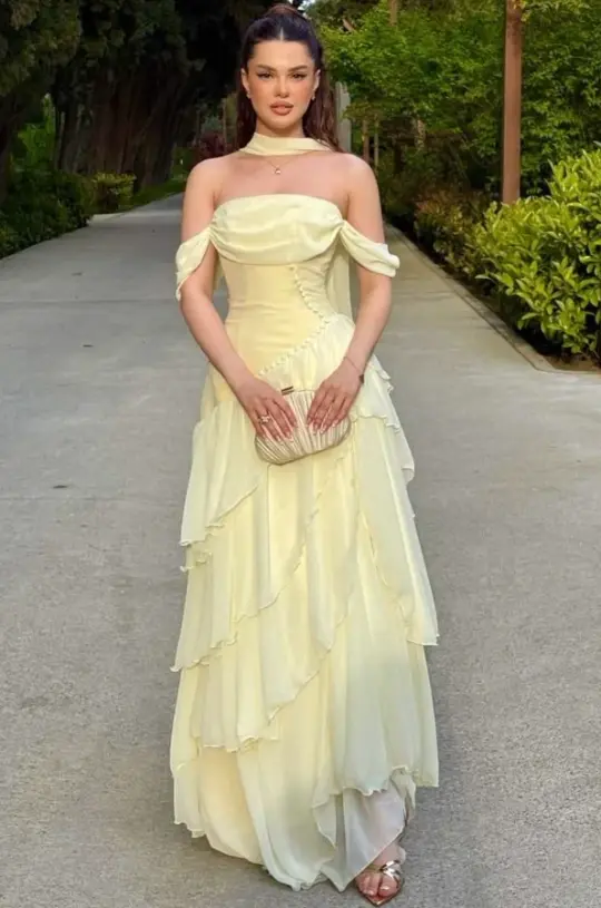Chiffon Ruffled Flowy Corset Prom Gown , Pastel Yellow Women's Maxi Casual Dress RS2523