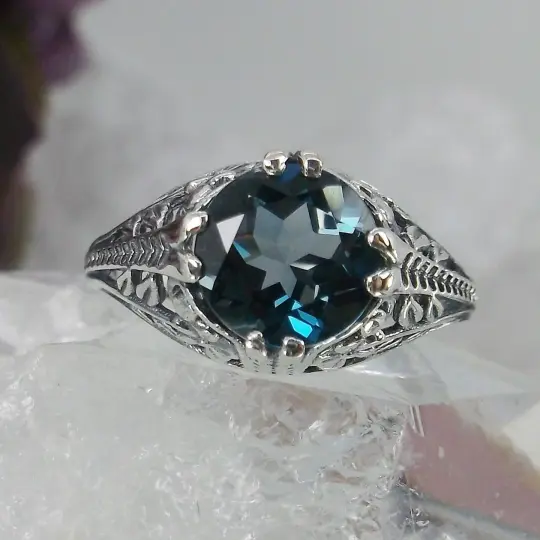 Natural London Blue Topaz Ring - Size 6, Deco 2Fleur, Victorian Revival Jewelry #D159 - Ready to Ship