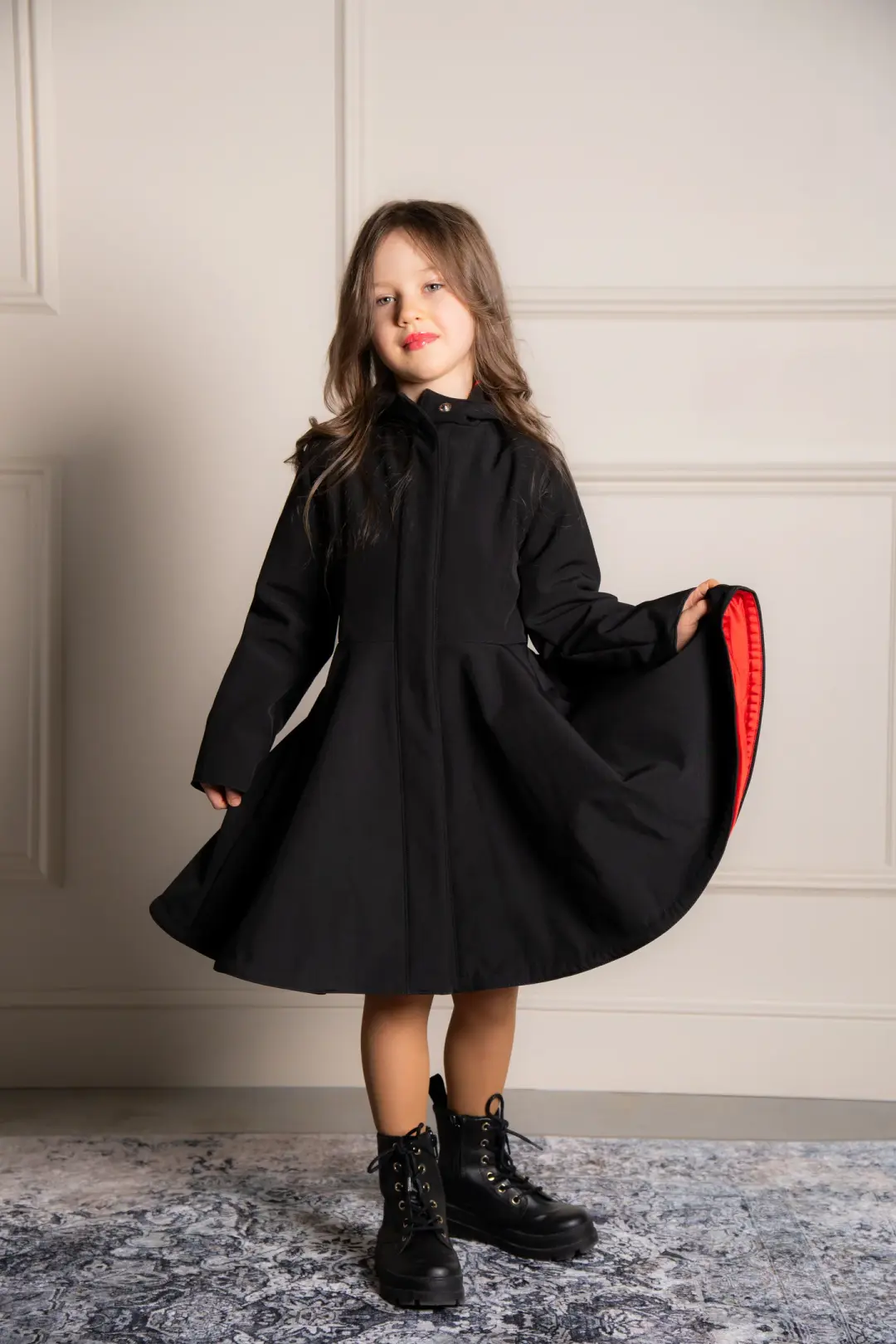 Black Girl's Coat with Bright Red Lining | Raven Red