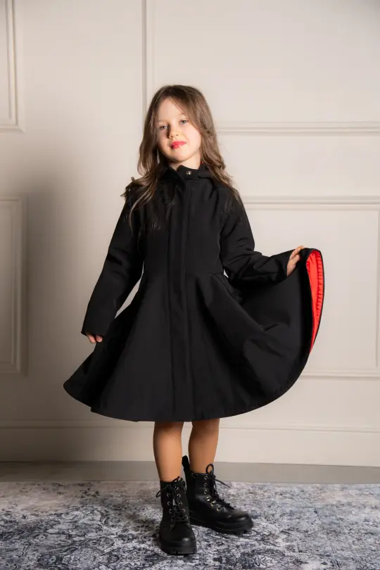 Black Girl's Coat with Bright Red Lining | Raven Red