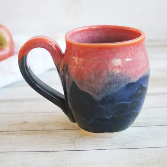 Orange and Blue Mug, Handmade Pottery Mug, 14 Ounce, Made in USA