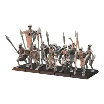 Unpainted 32mm 3D-printed skeleton spearmen with tall spears and round shields, tabletop wargame and RPG miniature for D&D, Pathfinder and rank and flank armies