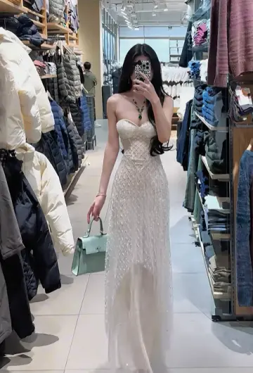 White strapless waist-cinching elegant long prom dress R7919