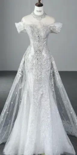 White rhinestone off-shoulder fitted mermaid skirt ball gown R6443