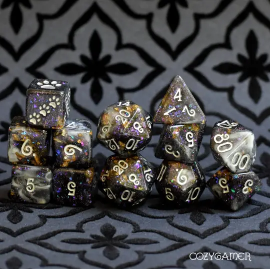 Black Fog Dice Set – 8/12pc Clear Black White Marble Glitter Foil Paw Die
