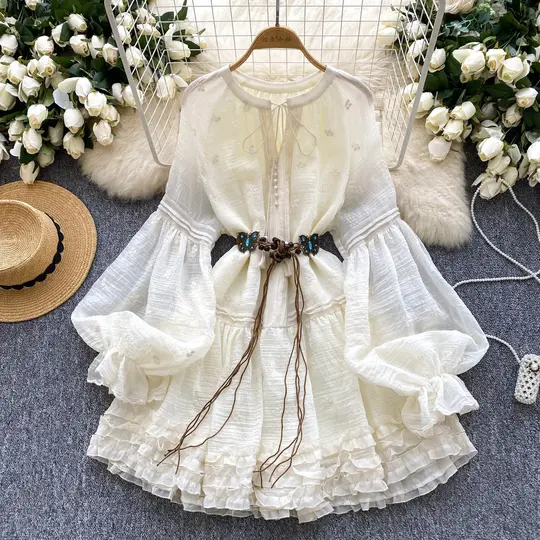 French court style dress sweet embroidery lace lantern sleeves ruffled holiday tutu skirt R2224