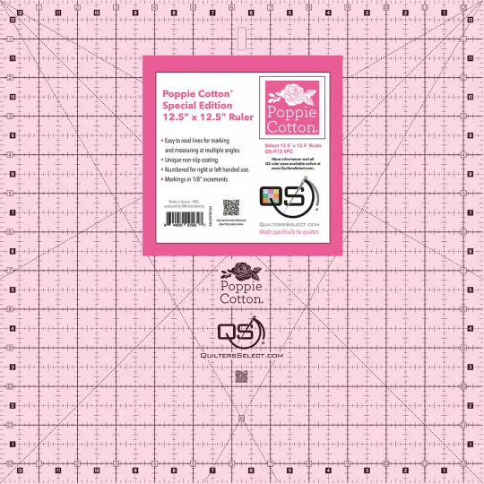 Quilter's Select Pink Poppie Cotton Non-Slip Ruler 12-1/2in x 12-1/2in