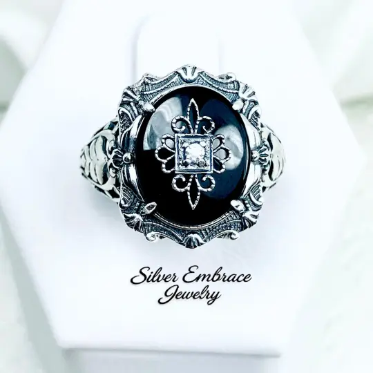 Natural Onyx Ring, Size 6, Sterling Silver Embellishment, Art Nouveau Jewelry #D229e - Ready to Ship