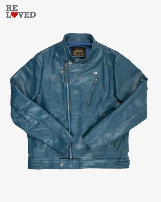 Japanese Horsehide Double Motorcycle Jacket - Blue (IHJ-128-BLU) Size XL