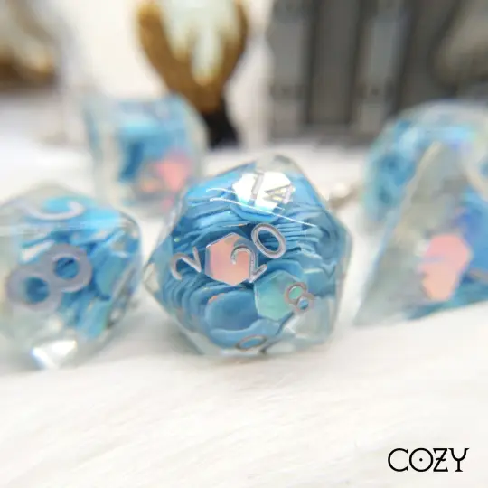 Periwinkle Glint Dice Set. Clear Resin with Hexagonal Blue Rainbow Glitter