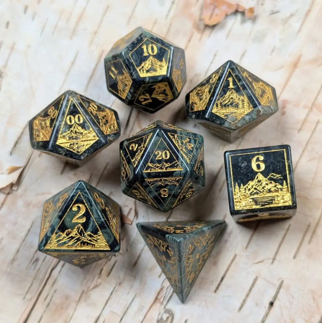 Everwild Green Jasper Gemstone Dice – Forest & Mountain Etched 7-Piece Set | Fennek & Finch