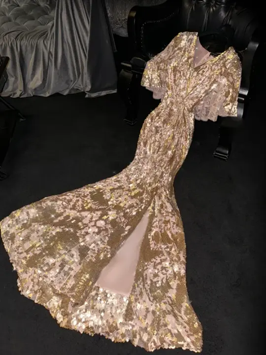 Gold sequined V-neck fitted mermaid skirt long ball gown R8737