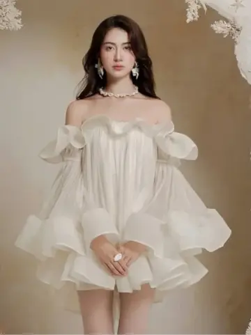 Apricot ruffled one-shoulder neckline long-sleeved princess cute short skirt homecoming dress R4766