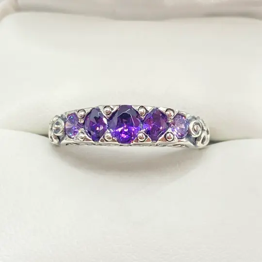 Amethyst CZ Ring, Size 9, Georgian Five Stone Design #D19 - Ready to Ship