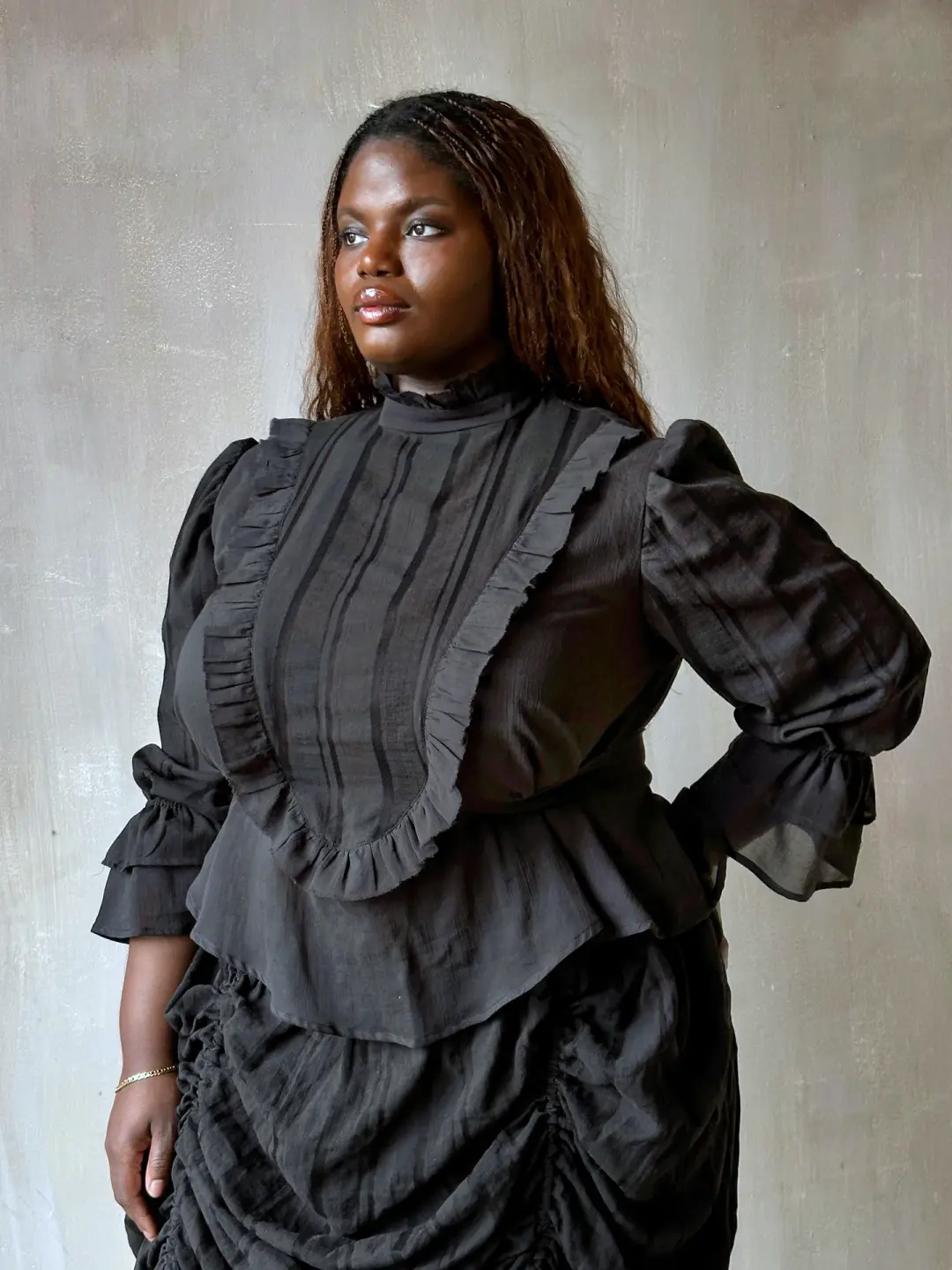 Spring '26: "Carmilla" Stand Collar Blouse in Black Cotton (In Stock)