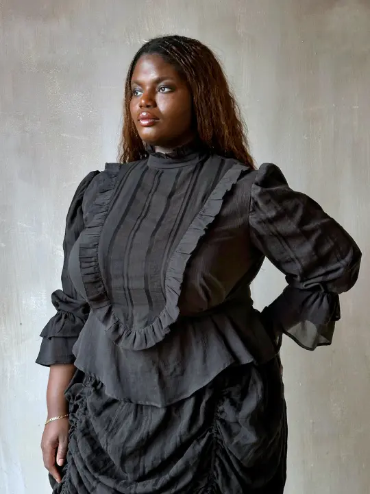Spring '26: "Carmilla" Stand Collar Blouse in Black Cotton (In Stock)