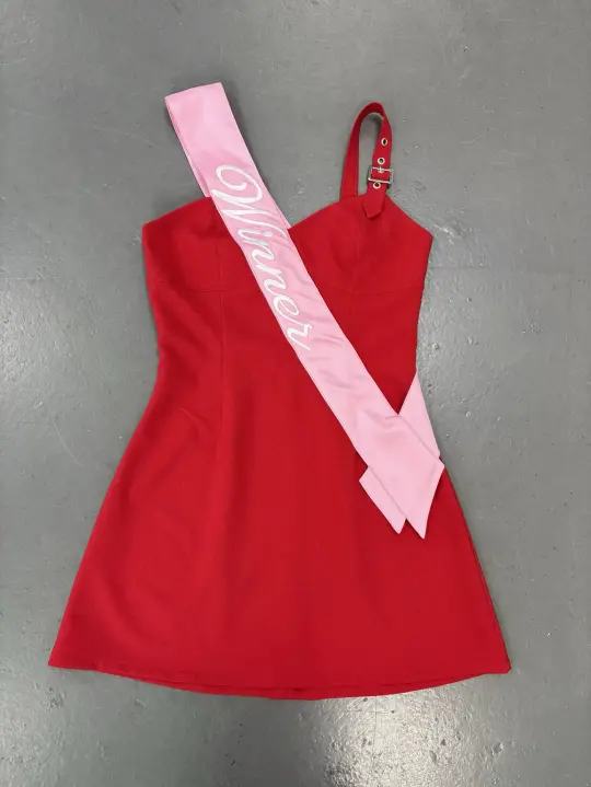 SAMPLE #414 - S Winner Sash Buckle Strap Mini Dress - Red/Pink