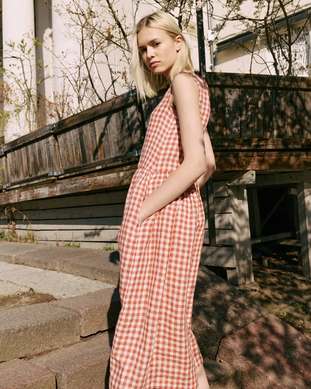 R: Maxi SMOCK loose linen dress (Color: Lightweight Olive Gingham; Size: M/L - MAXI length)