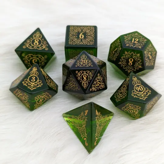 Garden Gate Green Glass Gemstone Dice Set – 7-Piece DnD Dice | Fennek & Finch