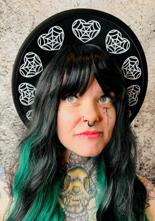 Black & White Web Hearts Vegan Felt Wide Brim Hat