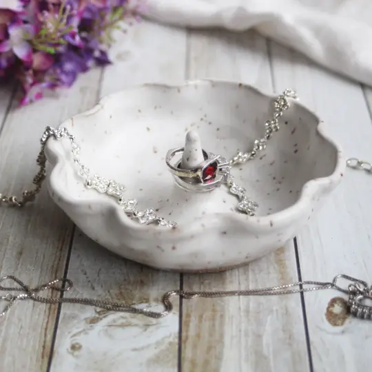 Ring Dish, White Speckled Ceramic Ring Holder, Ready to Ship Made in USA