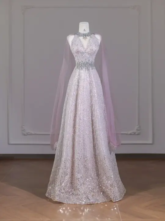 Light pink V-neck fitted waist slim-fit rhinestone long ball gown/bridal dress R8279