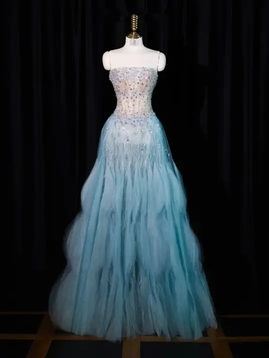 Light gray-blue strapless, fitted waist, full skirt, long ball gown R8923