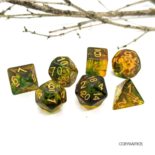 Grounded Dice Set. Greens and Brown Swirling Magic
