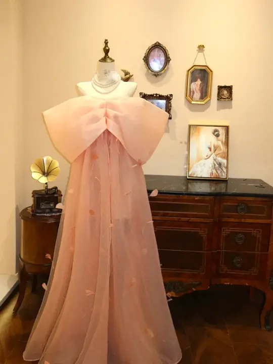Pink strapless straight long ball gown, bridal dress R7165