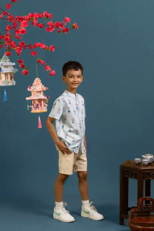 Mandarin-collared Shirt - Turquoise Vases