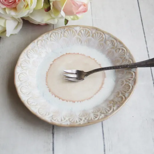 Set of Four Rustic Dessert Dishes in White and Ocher Glaze, Handcrafted Pottery Made in USA
